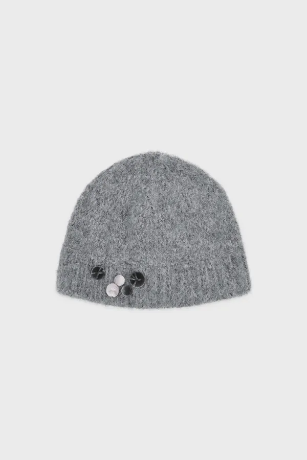 Velvet Button Beanie (Grey)