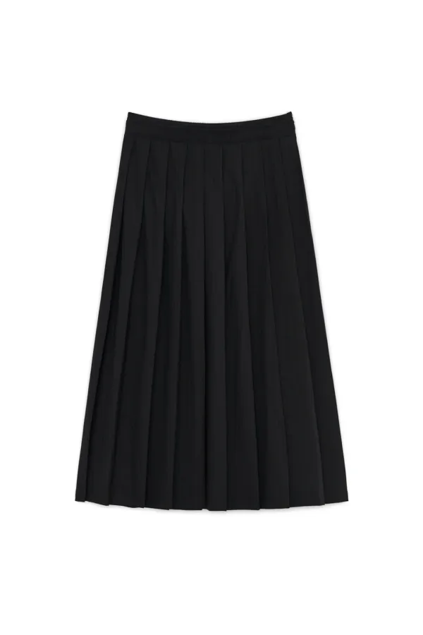 LAYERED PLEATS MAXI SKIRT, BLACK