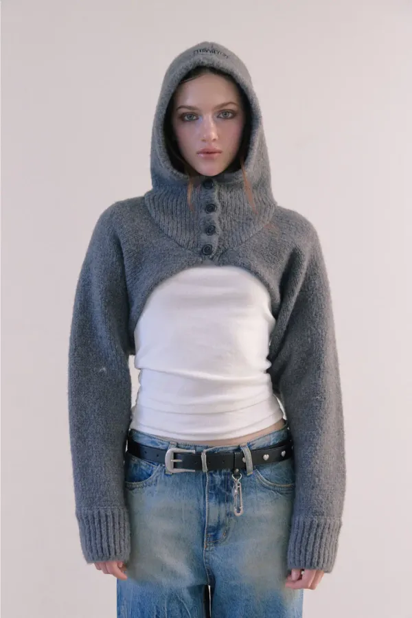 ALPACA BALACLAVA HOODIE BOLERO CARDIGAN (CHACOL)
