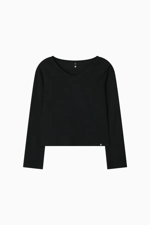 BASIC RIBBED V-NECK LONG SLEEVE, BLACK
