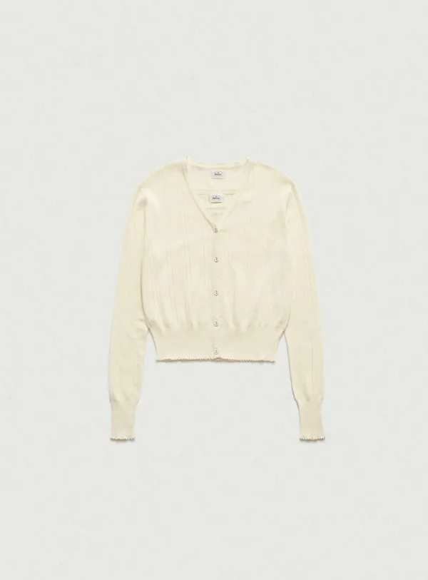 Cotton Eyelet Knit Cardigan Ensemble With Sleeveless Top_Light Yellow