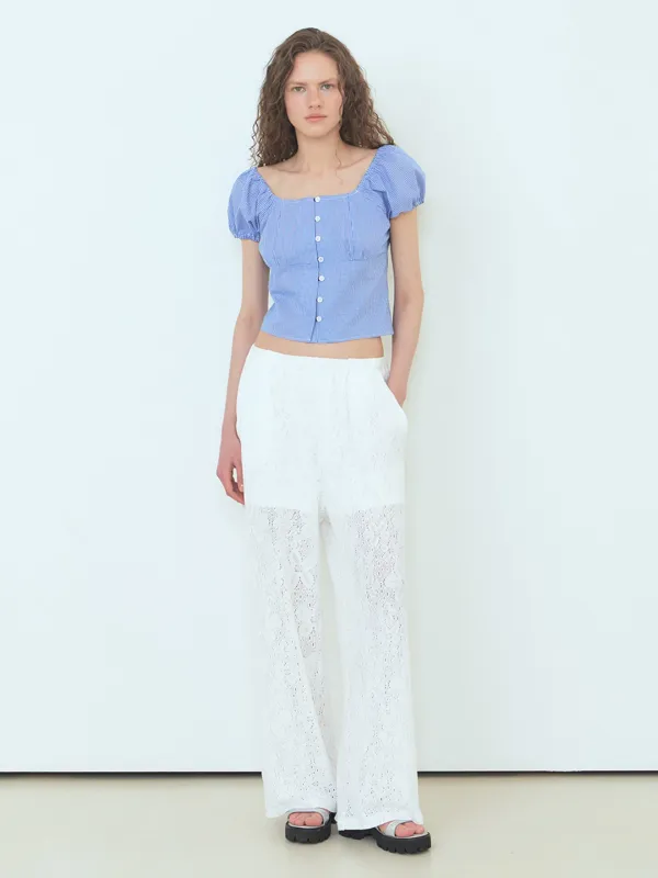 Flower Lace Banding Pants, White