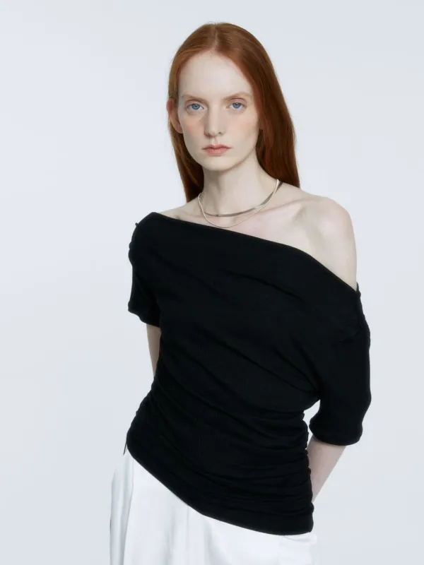 [2nd] SAINT-GERMAIN Unbalanced Off-Shoulder Jersey Top_Black
