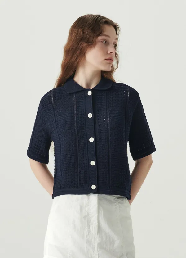 Crochet Knit Half-Sleeve Cardigan - Navy