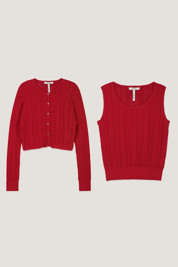 [SET]비벌리 크로쉐 니트 가디건+빌라노 크로쉐 슬리브리스 니트 (Red)