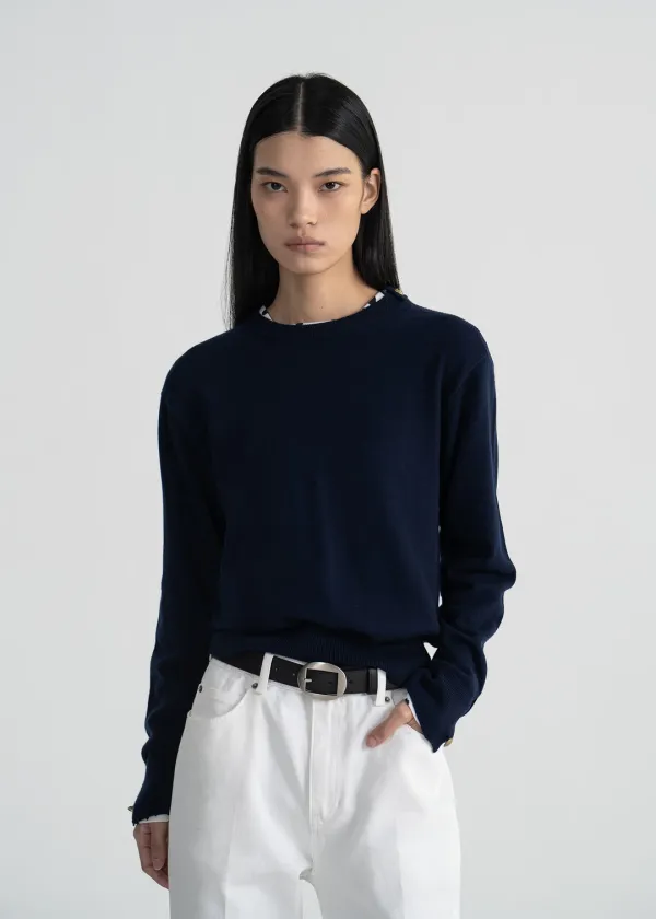 (UNI) MERINO WOOL BUTTON SWEATER - NAVY