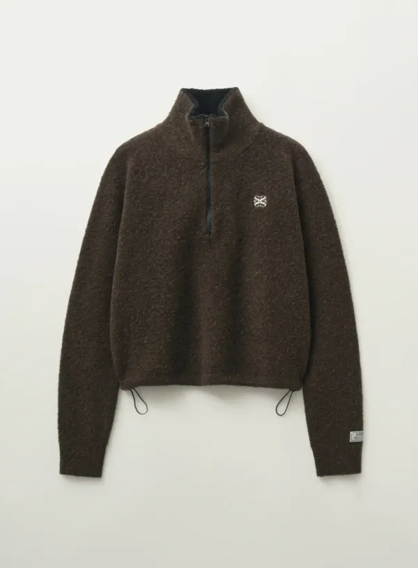 (W) Crop Half Neck Fleece Knit Zip-up - Brown