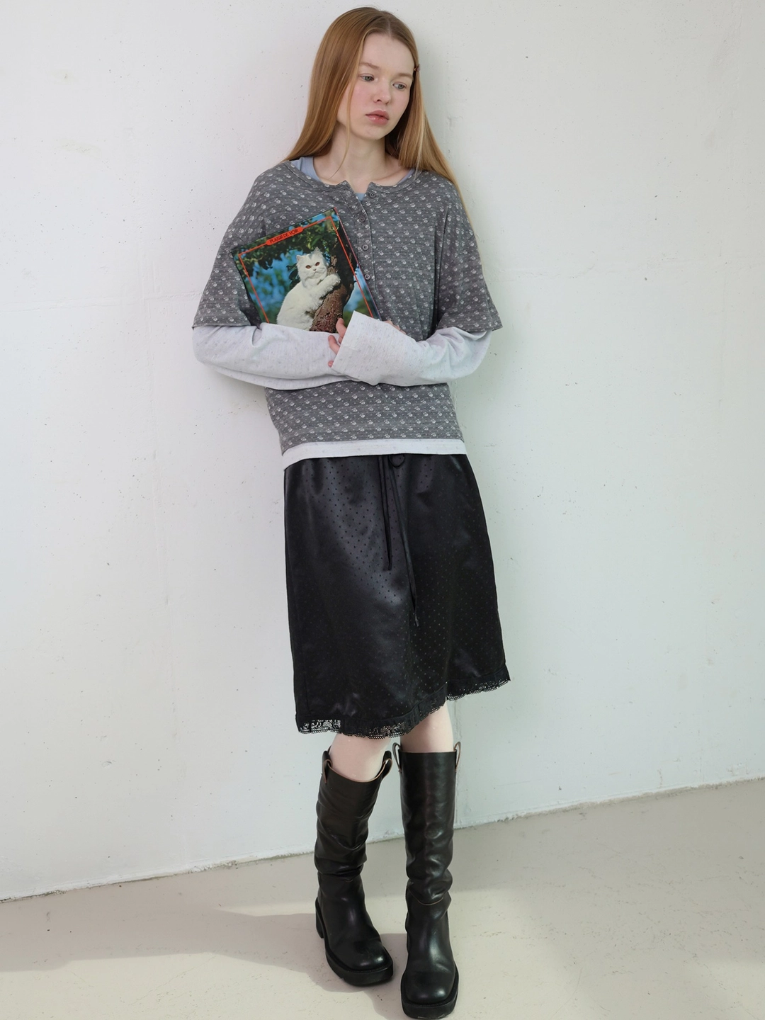 포에브 Dotted Drawstring Skirt - Black 상품 이미지 2