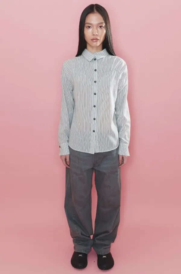 Stripe Slim Ruched Shirt,  Silence