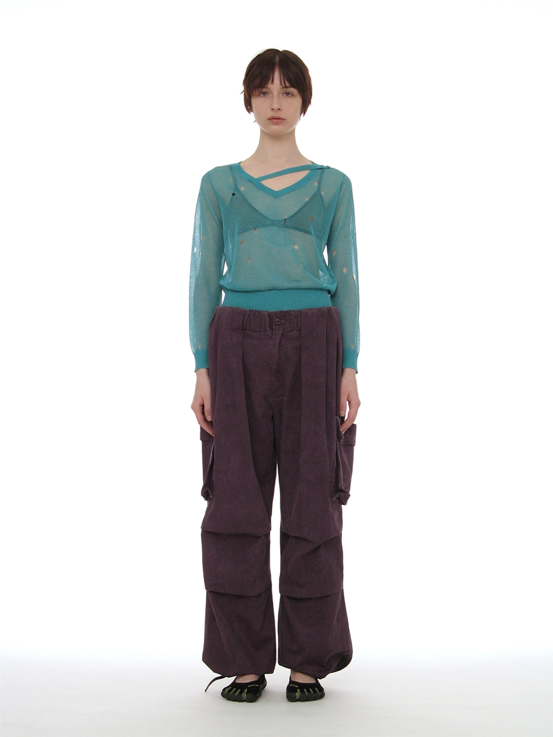 파르티멘토 [WOMEN] SHEER DISTRESSED V-NECK KNIT TOP_EMERALD 상품 이미지 2