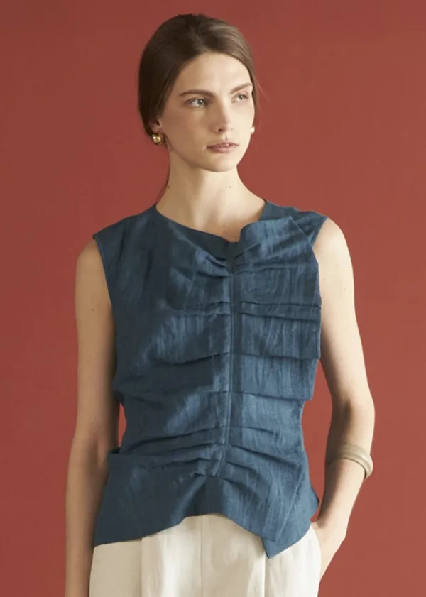 SHIRRING SLEEVELESS BLOUSE_BLUE
