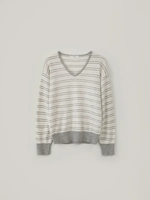 [Cashmere] Dolce Stripe V-Neck Knit - Light Gray