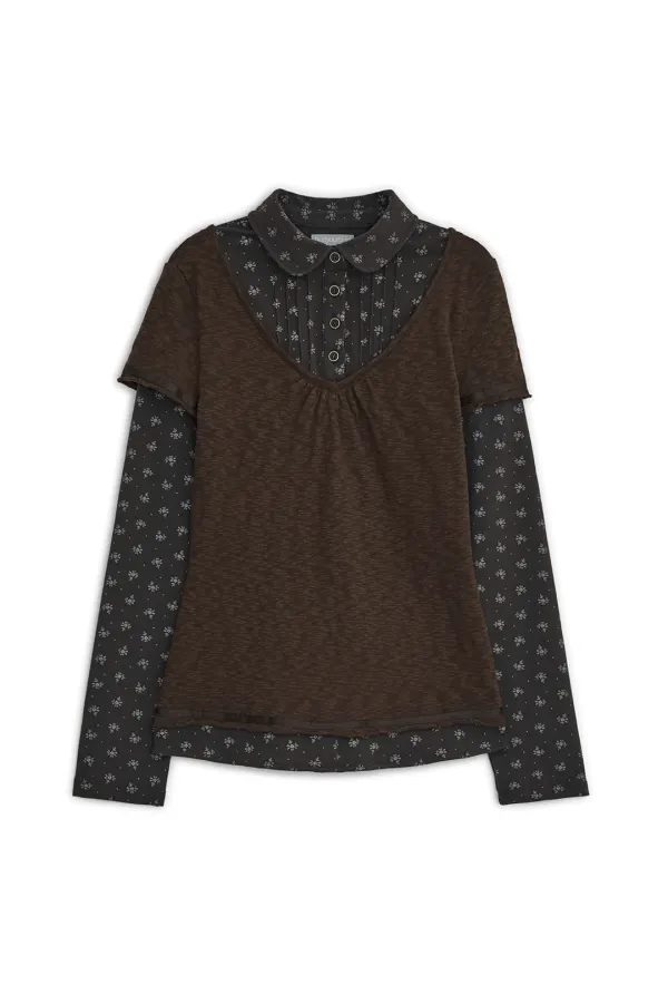 Flower shirts layered top (Brown)
