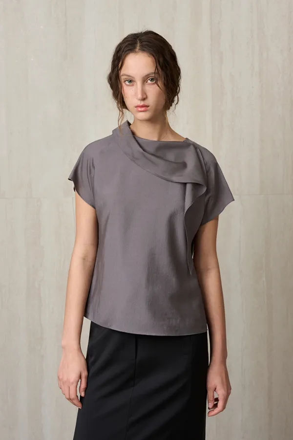 SCARF-DETAIL BLOUSE CHARCOAL
