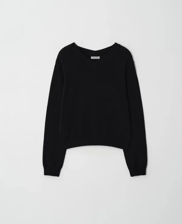 Spun Yarn Double V-Neck Knit_BLACK