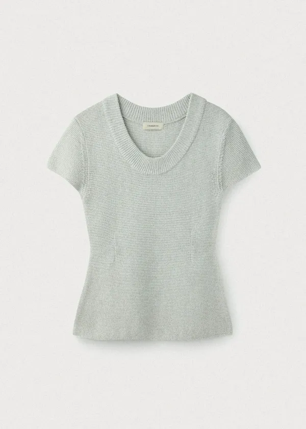 Korean paper yarn cap sleeve u neck pullover_Sea salt