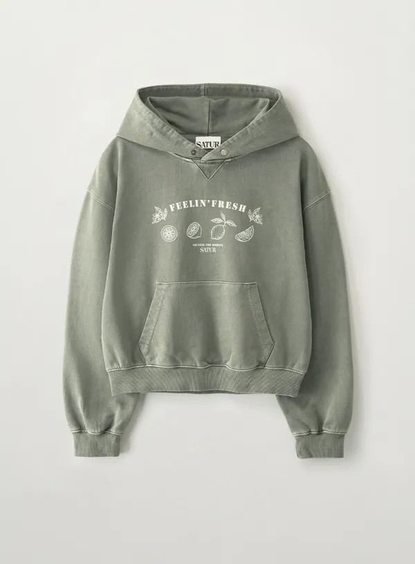 (W) Citron Drawing Washed Crop Hoodie - Charcoal