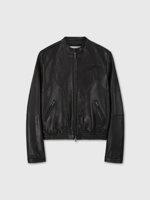 (W) VEGETABLE TANNED LEATHER SLIM FIT RACER JACKET_ BLACK