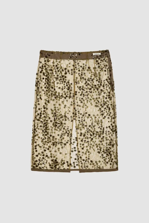 FLOWER SEQUIN SKIRT_OLIVE KHAKI