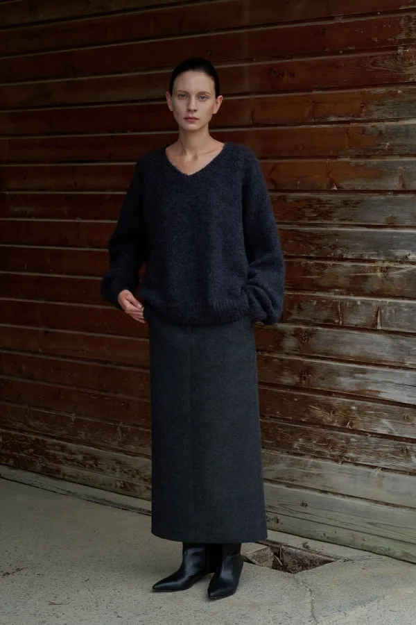[3차 리오더]Wool Maxi H-line Skirt[LMBEWISK408]-Charcoal