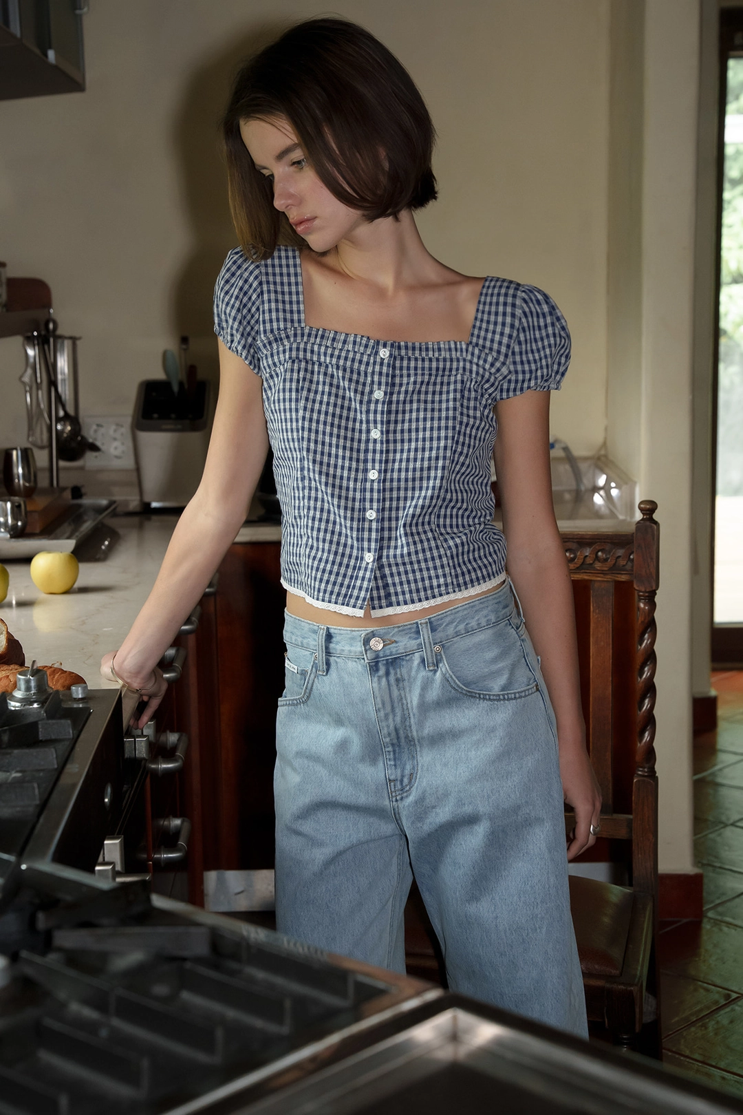 샤드라마 ROSE PLEATS SQUARE NECK BLOUSE [NAVY(CHECK)] 상품 이미지 2