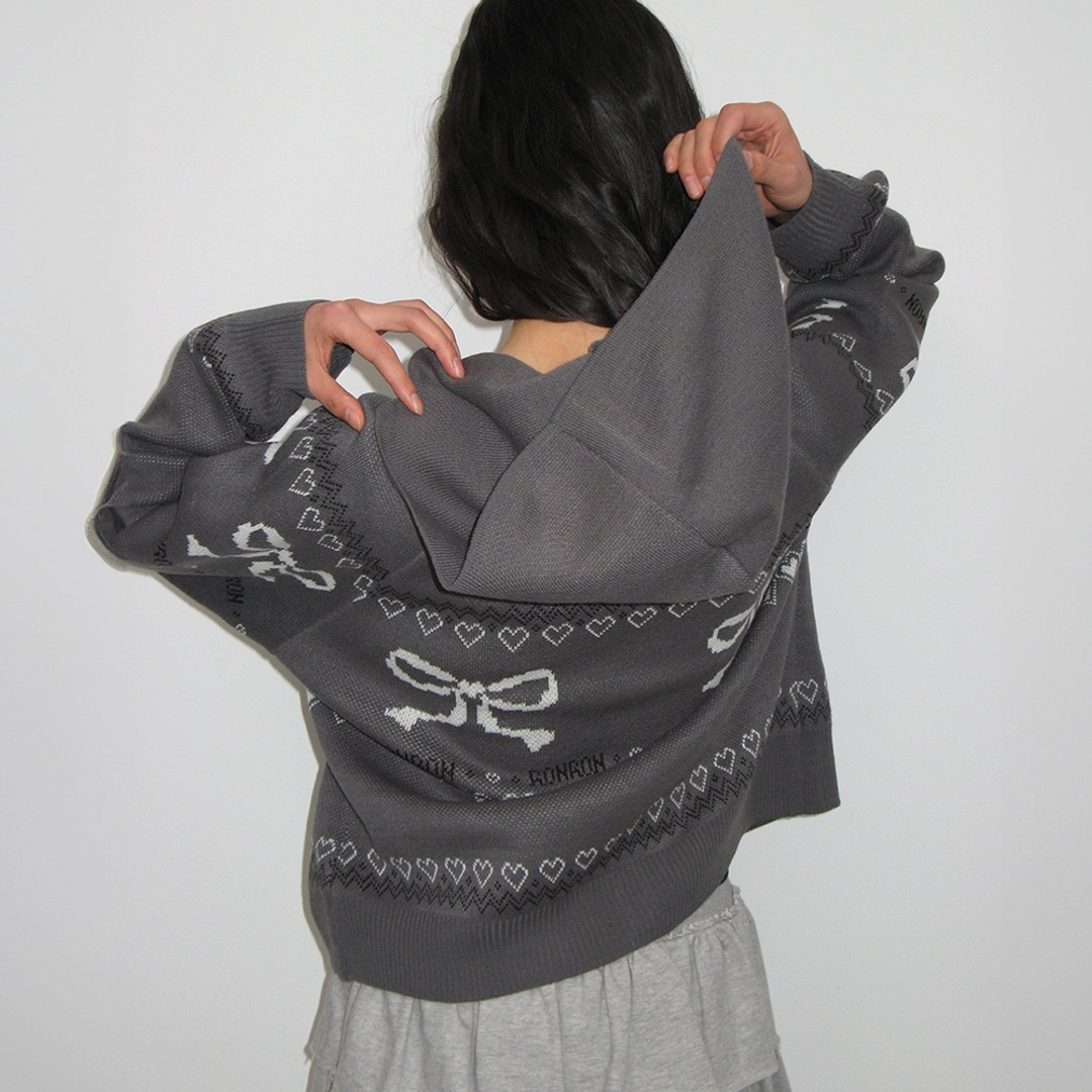 론론 RIBBON HOODED PATTERN KNIT CARDIGAN CHARCOAL 상품 이미지 2