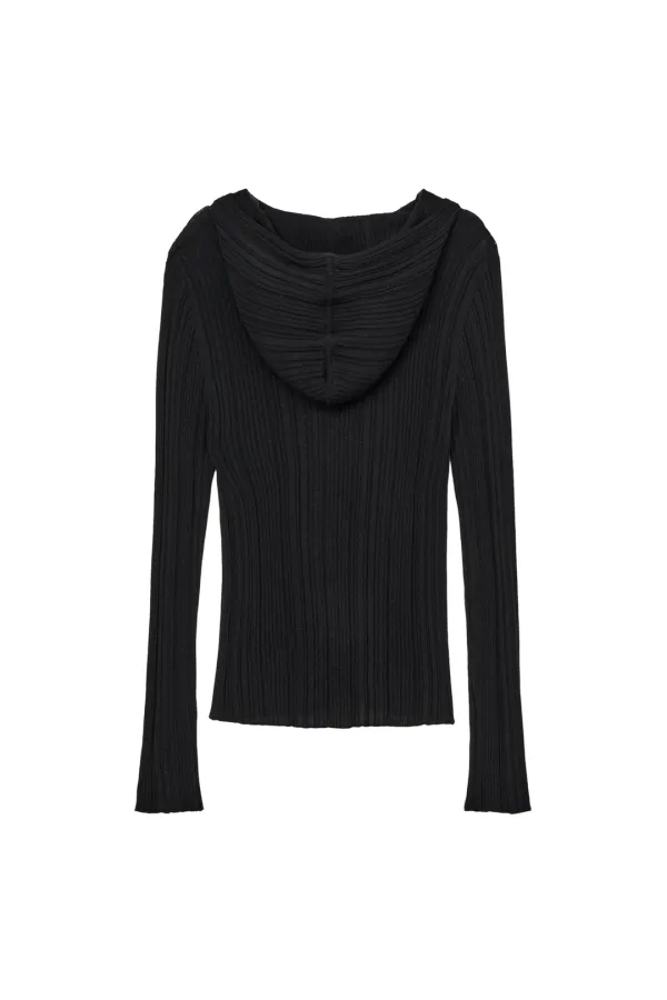 KNIT BUTTON HOODIE CARDIGAN IN BLACK - DEINET