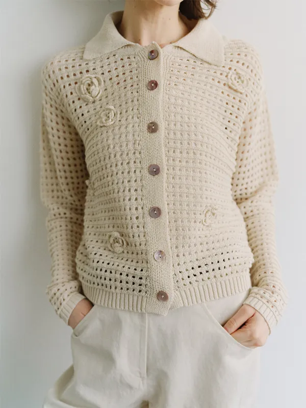 TIS FLORAL NETTING KNIT CARDIGAN_NATURAL