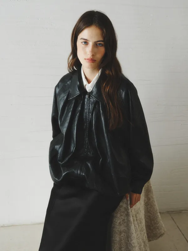 ROSALIN shirred leather blouson jacket_black
