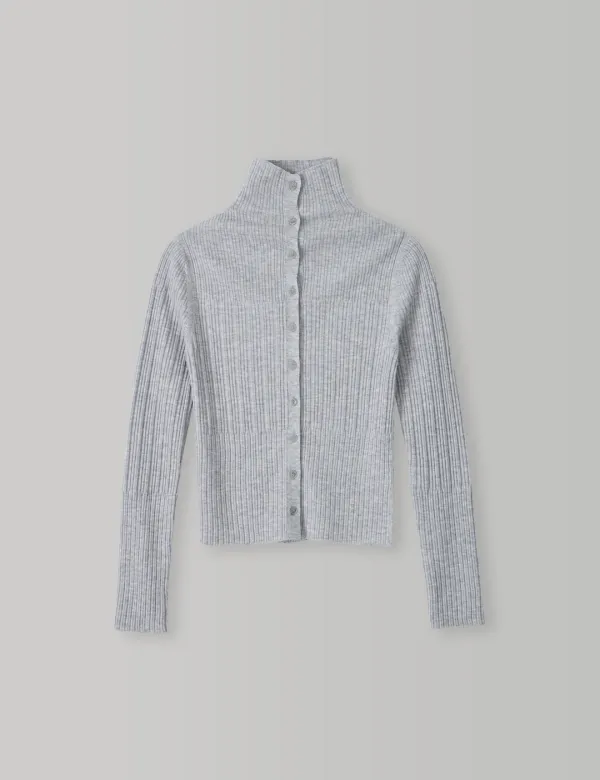Ribbed High Neck Cardigan (Grey)