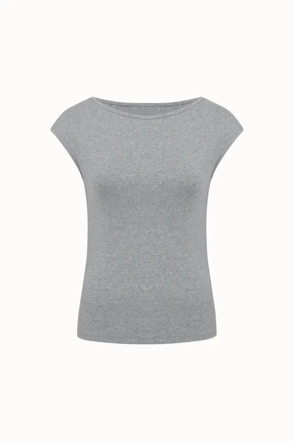 [2차 리오더]Mini Cap Sleeve Boat Neck T-Shirt[LMBFSUTT630]-Grey Melange