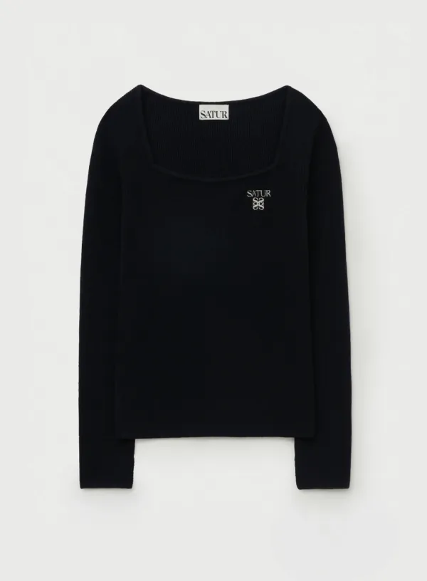 (W) Square Neck Knit Long sleeve - Black
