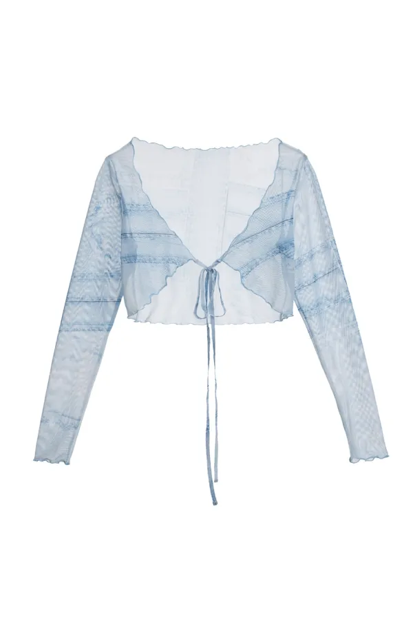 DENIM PRINTED SEE-THROUGH CARDIGAN (BLUE)