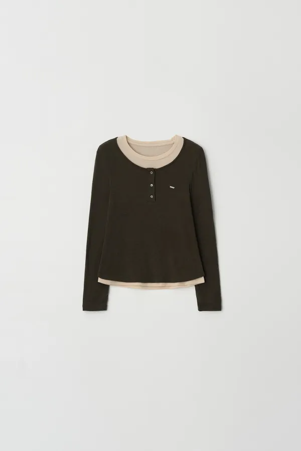 Layered Button T-shirt (beige+brown)