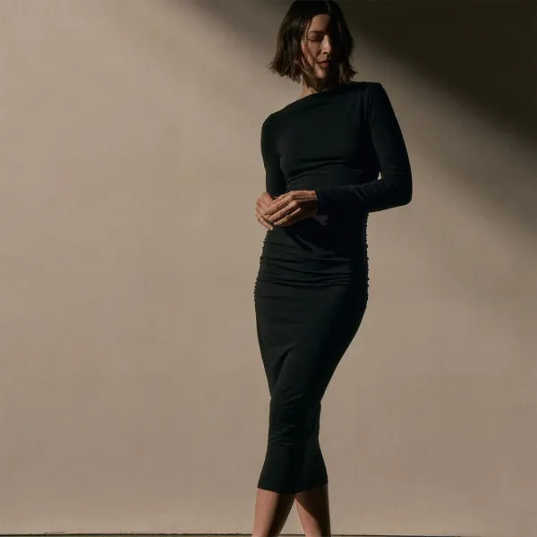 Ruched Long Sleeve Dress - Black