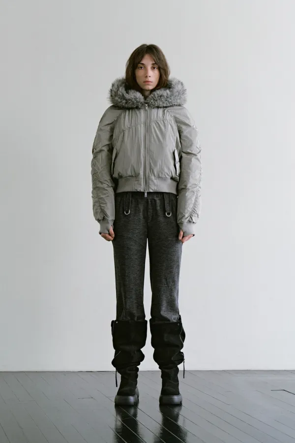 Fur Trimmed Short Down Jacket [ Khaki Gray ]