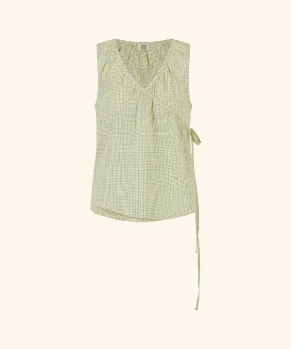 [6/23 순차배송] Timo Shirring Wrap Check Blouse (Apple Green)