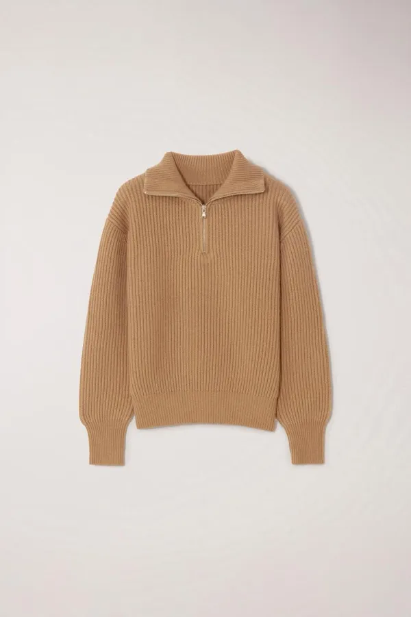 UNISEX HALF ZIP-UP RIBBED WOOL SWEATER CAMEL