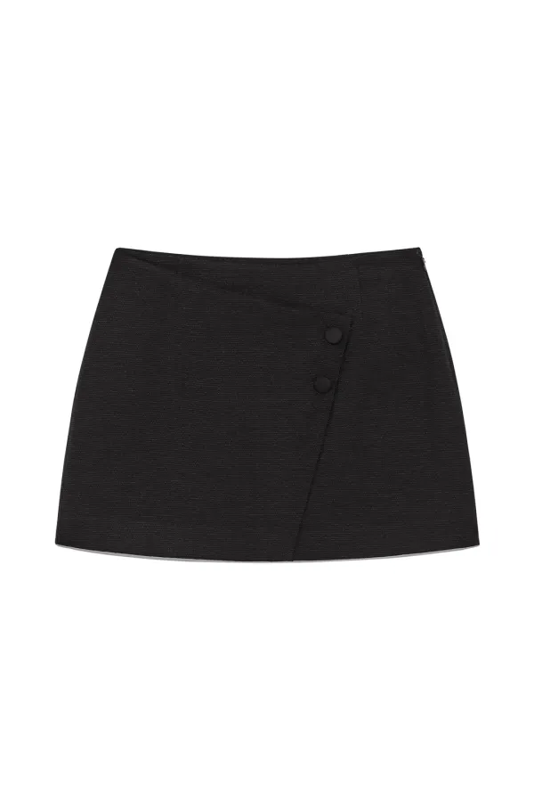STRIPE HERRINGBONE WRAP MINI SKIRT IN BLACK