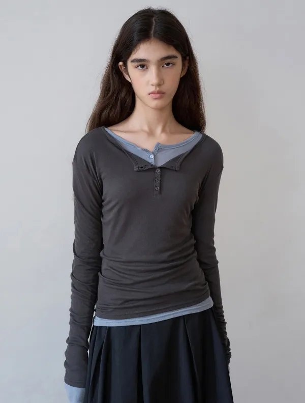 Placket Wool button slim T-shirt_Charcoal
