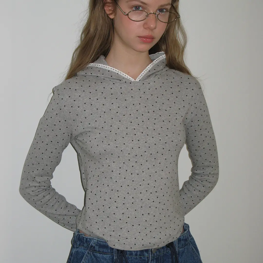 론론 LACE HOODIE SLIM LONG SLEEVE GREY STAR 상품 이미지 2