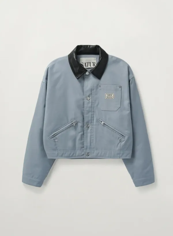 (W) Crop Cotton Work Jacket - Sky Blue