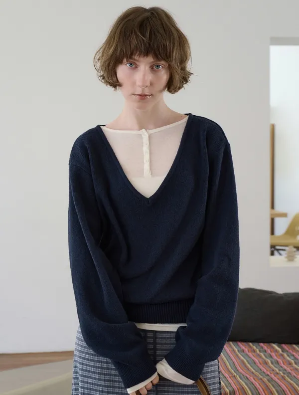 Soft medium deep V-neck knit_Navy