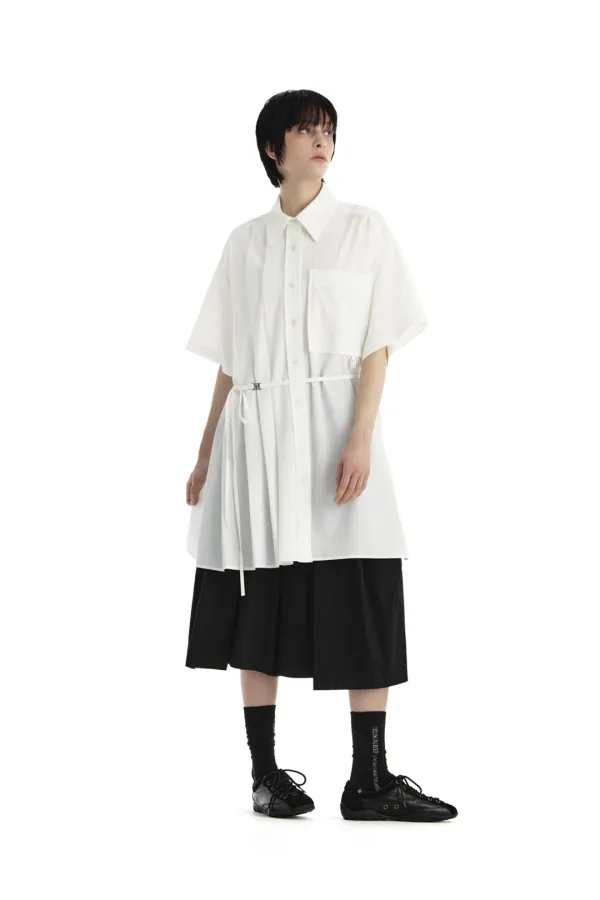 Pleated Daddy Fit Short Sleeve Shirt [ White ]