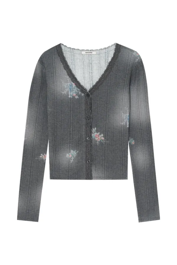 FLORAL LACE RIBBED CARDIGAN (CHARCOAL)