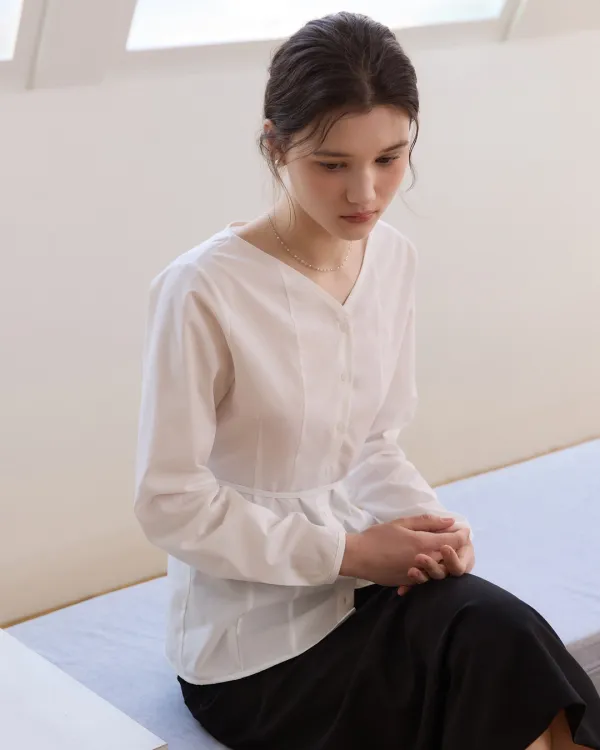 V neck classic belted blouse - white