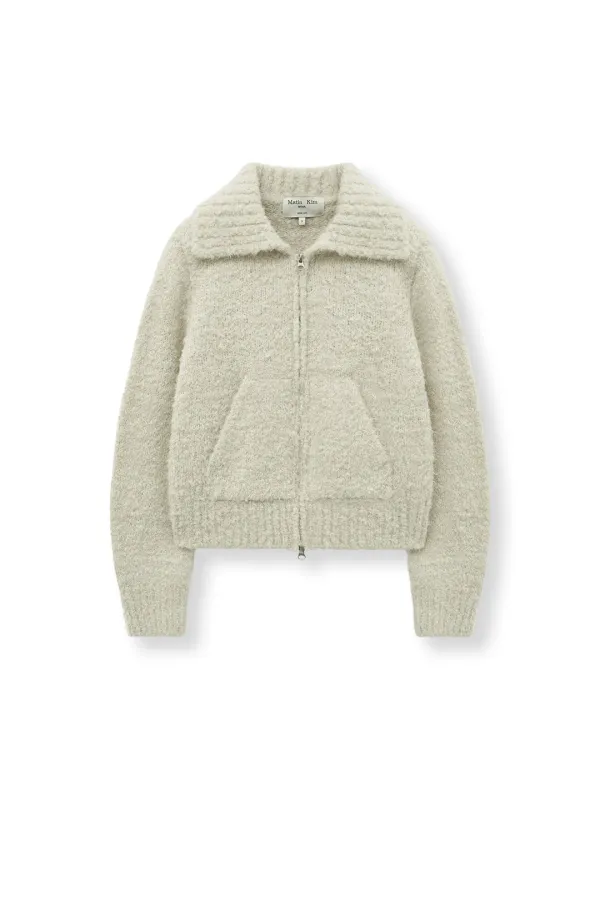 BOUCLE KNIT ZIP UP CARDIGAN IN LIGHT BEIGE
