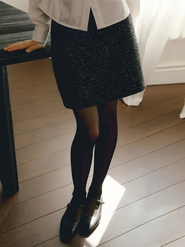 SEQUIN TWEED MINI SKIRTS_BLACK