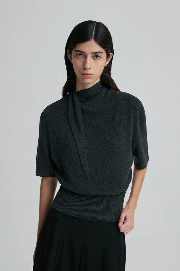 CASHMERE BLEND TIE-NECK KNIT TOP CHARCOAL