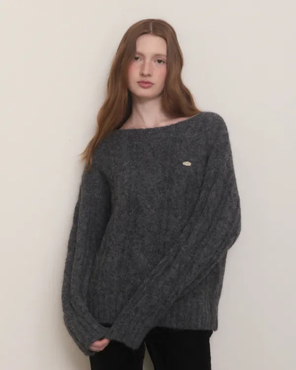 Boat neck hairy twist knit - charcoal